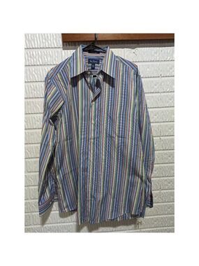 Paul Frederick Men's 100% Cotton Striped Button Front Long Sleeve Shirt Medium